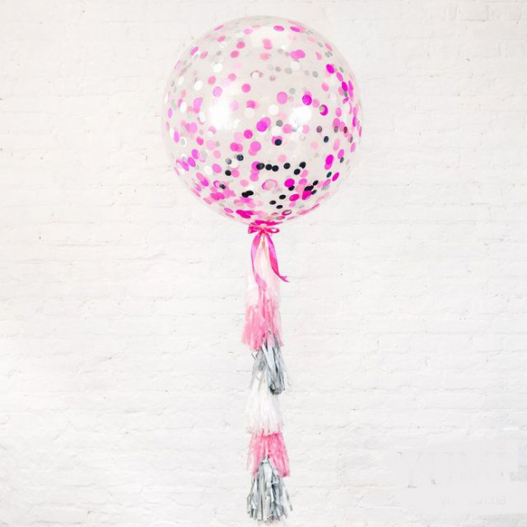 Большой шар с розовым конфетти 90 см с тассел-гирляндой